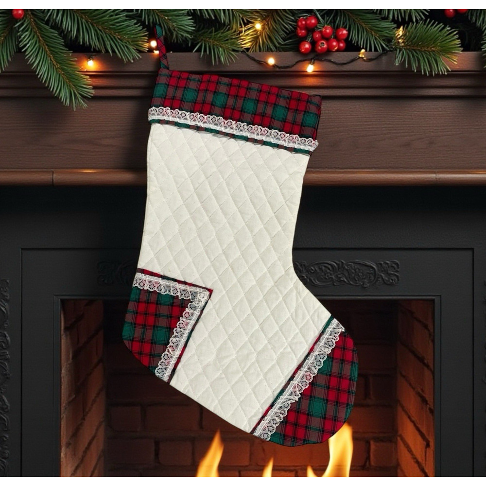 VTG Handmade Quilted Christmas Stocking Winter White Red Green Plaid w/Lace Trim